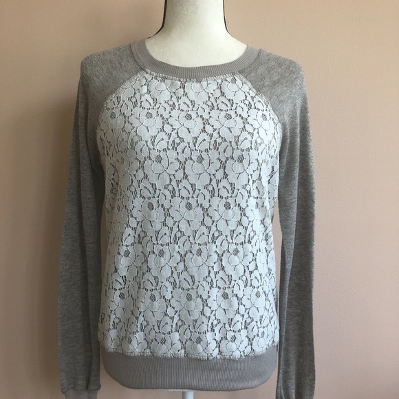 Olivia Moon Sweaters - OLIVIA MOON Gray Lace Long Sleeve Crew Sweater S